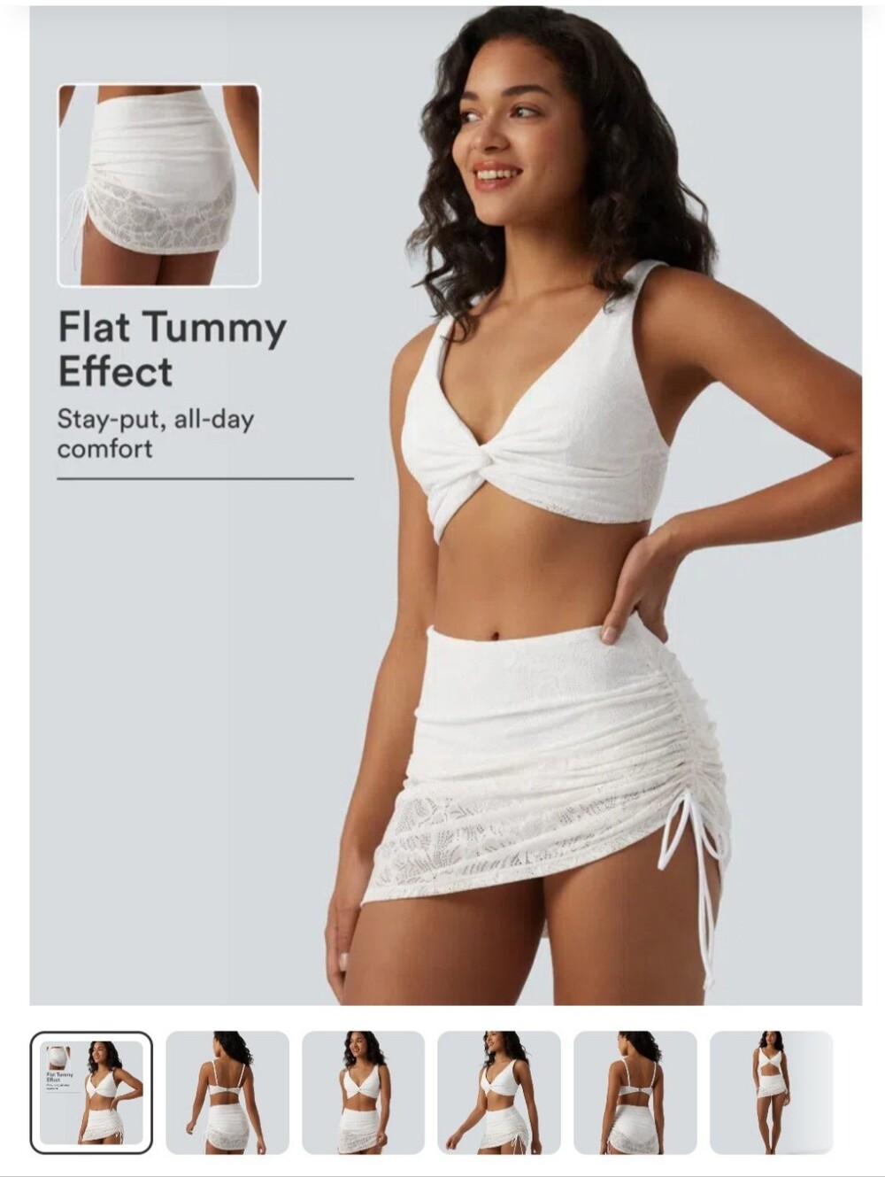 *BRAND NEW* White Lace Ruched Bikini Set - Cropped Twist Top & Drawstring Skirt